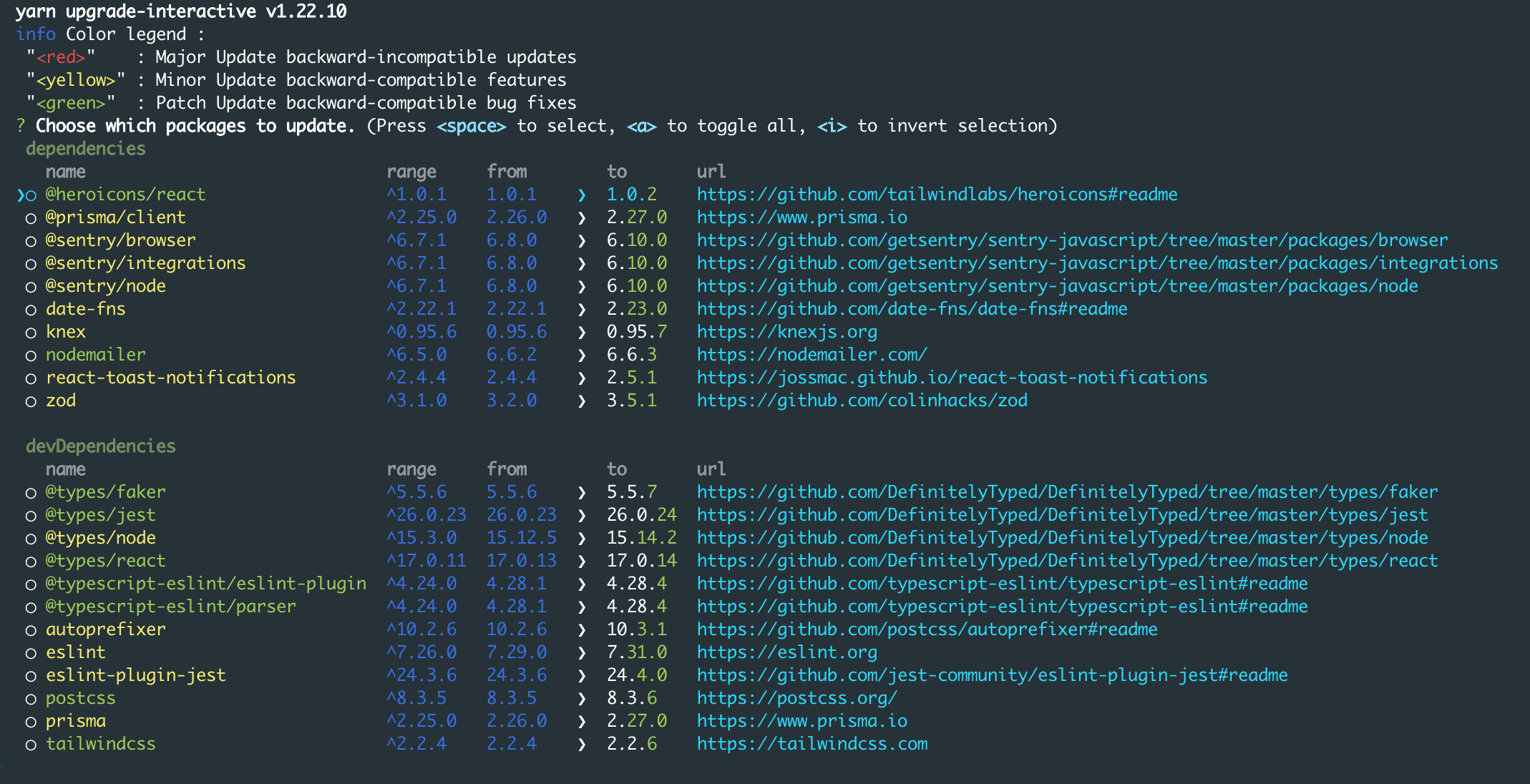 Snapshot of yarn uprade-interactive command